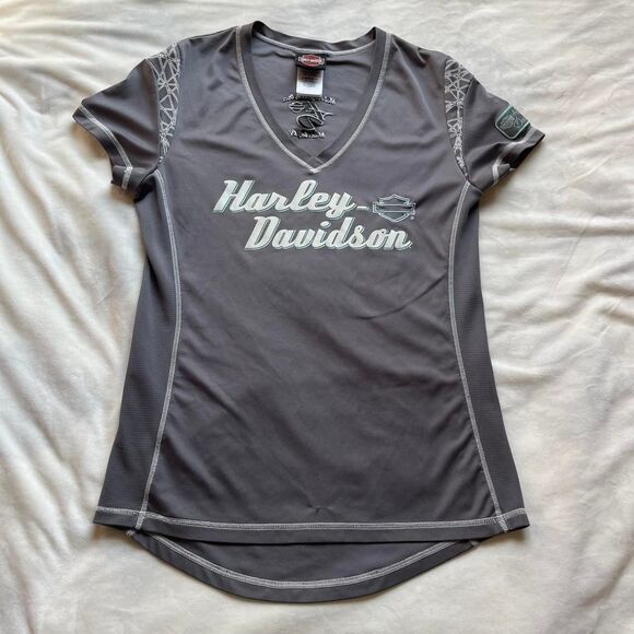 Harley Davidson grey and turquoise vneck short sleeve embroidered details medium - Picture 1 of 8